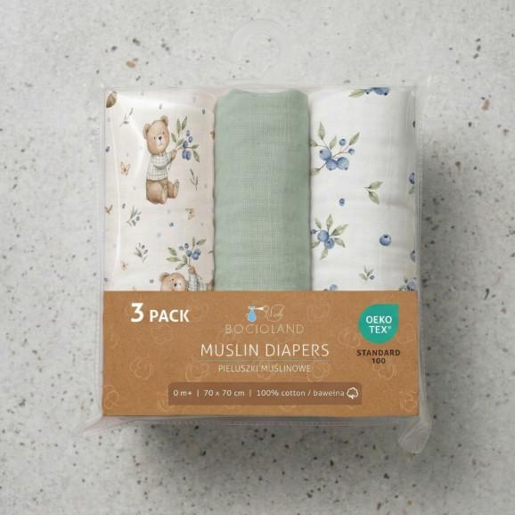 Bocioland 3022 Pieluszki muślinowe 70x70 cm 3-pack zielone BL302 - zdjęcie produktu