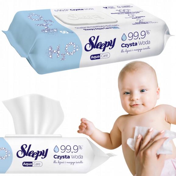 Sleepy Aqua Care Baby 99,9% wody – chusteczki nawilżane dla dzieci (50 szt.) Sleepy Aqua Care Baby 99,9% wody – chusteczki nawilżane dla dzieci (50 szt.) - zdjęcie produktu