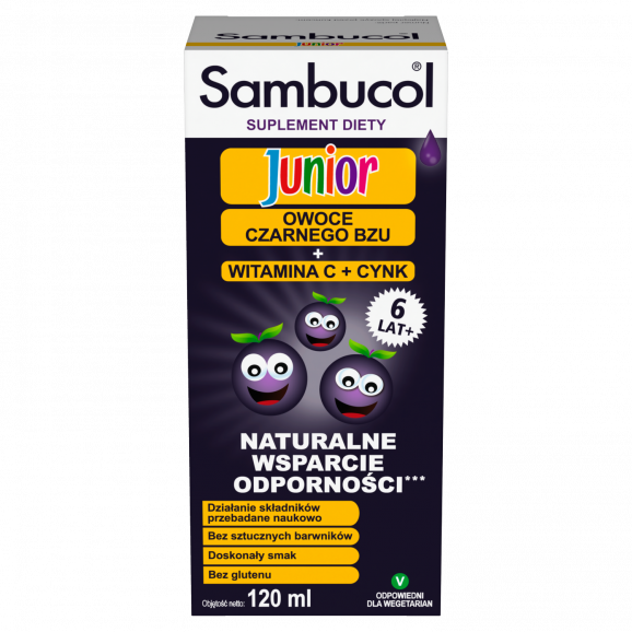 Sambucol Junior – płyn ze składnikami wspomagającymi odporność (120 ml) Sambucol Junior – płyn ze składnikami wspomagającymi odporność (120 ml) - zdjęcie produktu