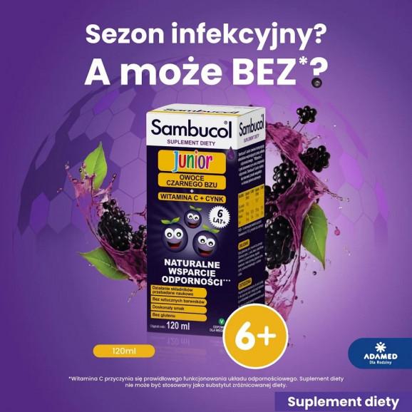 Sambucol Junior – płyn ze składnikami wspomagającymi odporność (120 ml) Sambucol Junior – płyn ze składnikami wspomagającymi odporność (120 ml) - zdjęcie produktu