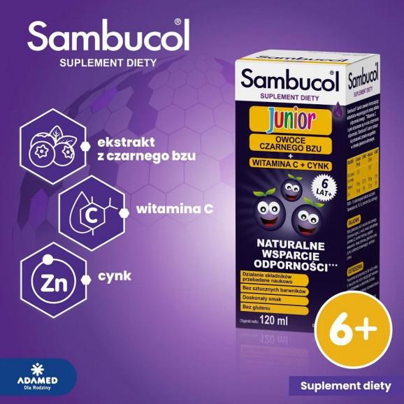 Sambucol Junior – płyn ze składnikami wspomagającymi odporność (120 ml) Sambucol Junior – płyn ze składnikami wspomagającymi odporność (120 ml) - zdjęcie produktu