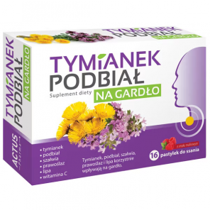 Tymianek Podbiał na gardło – suplement diety, pastylki do ssania o smaku malinowym (16 pastylek) - zdjęcie produktu