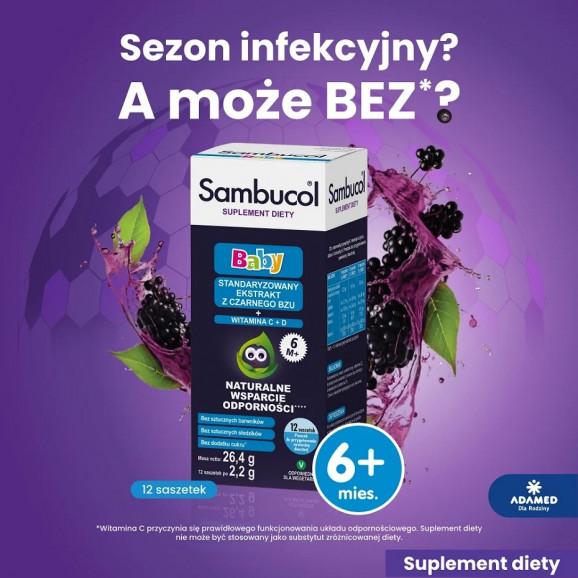 Sambucol Baby – suplement diety, dla niemowląt po 6 miesiącu życia, 12 saszetek - zdjęcie produktu