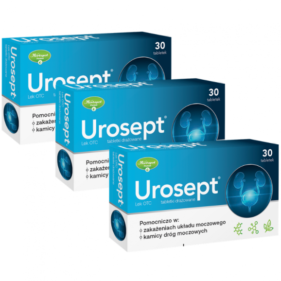 Urosept – tabletki drażowane na zakażenie układu moczowego 3 x 30 sztuk Urosept – tabletki drażowane na zakażenie układu moczowego 3 x 30 sztuk - zdjęcie produktu