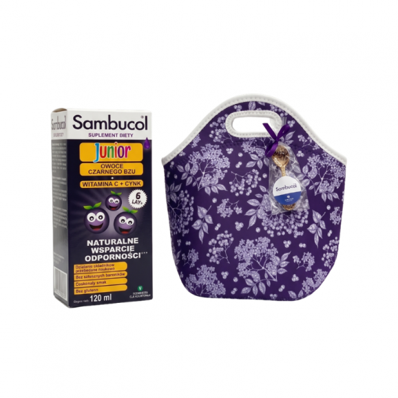 Sambucol Junior, płyn wspomagający odporność dla dzieci 120 ml + kosmetyczka + łyżeczka Sambucol - zdjęcie produktu