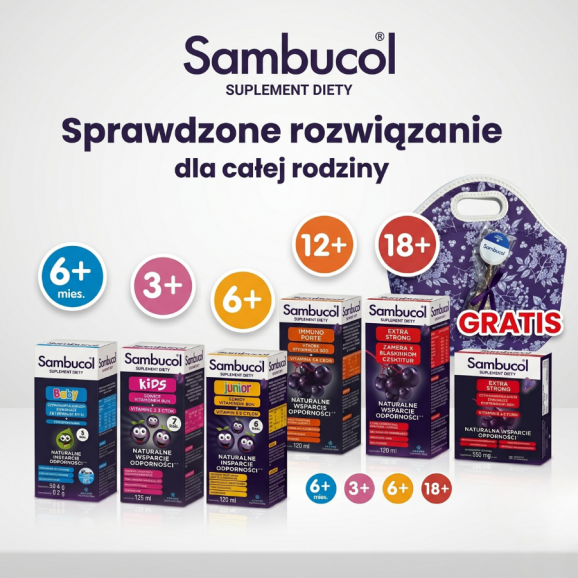 Sambucol Kids syrop wspierający odporność z witaminą C, 120 ml + kosmetyczka + łyżeczka Sambucol - zdjęcie produktu