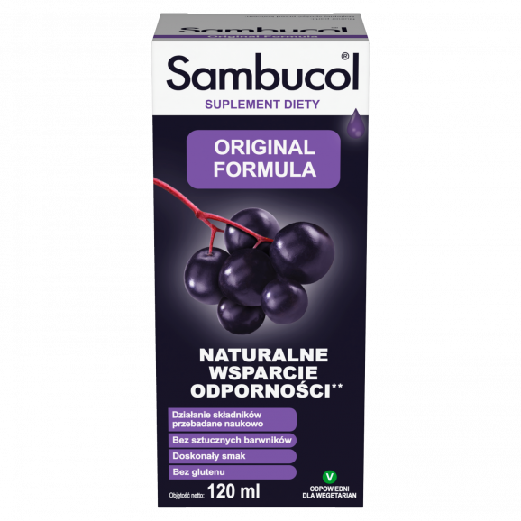 Sambucol Original Formula, płyn wspierający odporność dla dzieci powyżej 12. roku życia i dorosłych 120 ml + kosmetyczka - zdjęcie produktu