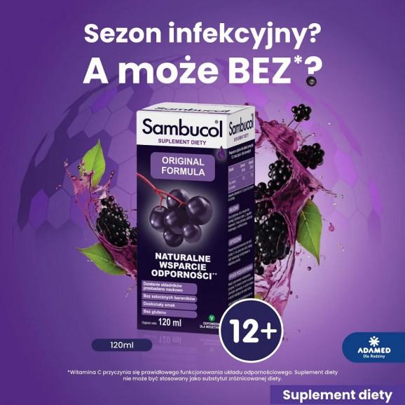 Sambucol Original Formula, płyn wspierający odporność dla dzieci powyżej 12. roku życia i dorosłych 120 ml + kosmetyczka - zdjęcie produktu