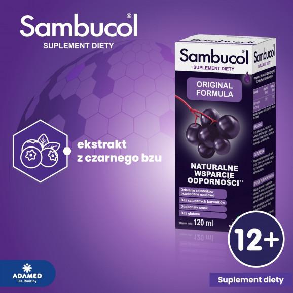 Sambucol Original Formula, płyn wspierający odporność dla dzieci powyżej 12. roku życia i dorosłych 120 ml + kosmetyczka - zdjęcie produktu