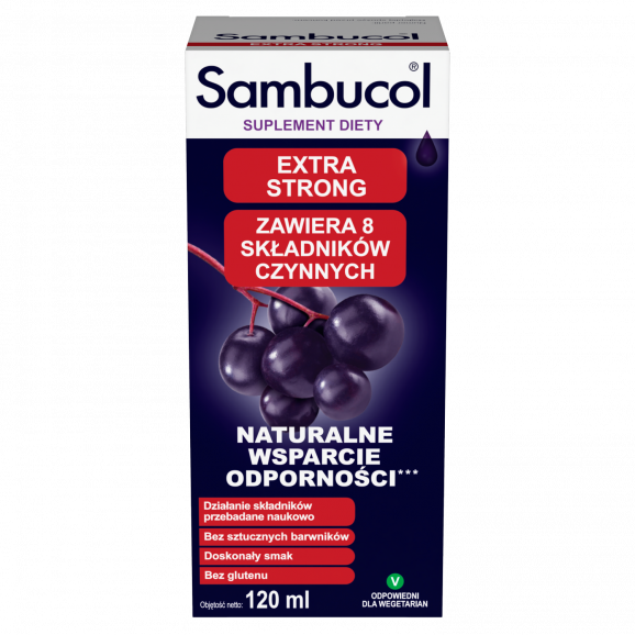 Sambucol Extra Strong płyn dla dorosłych 120 ml + kosmetyczka + łyżeczka Sambucol - zdjęcie produktu