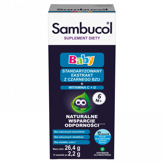 Sambucol Baby dla niemowląt po 6 miesiącu życia, 12 saszetek + kosmetyczka + łyżeczka Sambucol - zdjęcie produktu
