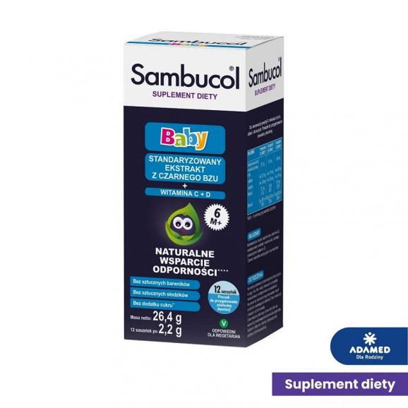Sambucol Baby dla niemowląt po 6 miesiącu życia, 12 saszetek + kosmetyczka + łyżeczka Sambucol - zdjęcie produktu