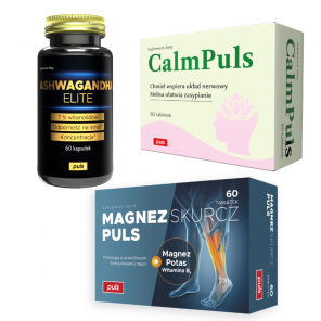 Zestaw Spokój i Relaks PULS Ashwagandha Elite Puls 60 kapsułek + Calm Puls 60 tabletek + Magnez Skurcz Puls 60 tabletek GRATIS - zdjęcie produktu