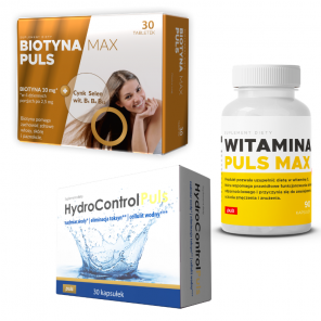 Zestaw Włosy Skóra Paznokcie PULS Biotyna Max Puls 30 tabletek + Witamina C Puls Max 90 kapsułek + HydroControl Puls 30 kapsu - zdjęcie produktu