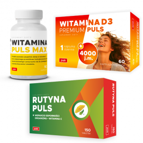 Zestaw Mocna Odporność PULS Witamina C Puls Max 90 kapsułek + Witamina D3 Premium 4000 Puls 60 kapsułek + Rutyn Puls 150 tab - zdjęcie produktu
