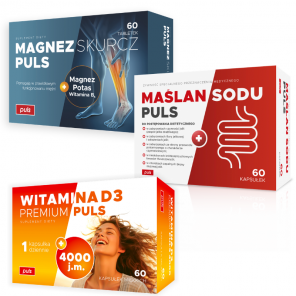 Zestaw Nocna Regeneracja PULS Maślan Sodu Puls 60 kapsułek + Magnez Skurcz Puls 60 tabletek + Witamina D3 4000 Puls 60 kapsuł - zdjęcie produktu