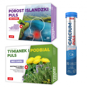 Zestaw Mocny Głos PULS Porost Islandzki 24 pastylki do ssania + Tymianek i Podbiał 16 pastylek do ssania + Calcium Puls 20 tab - zdjęcie produktu