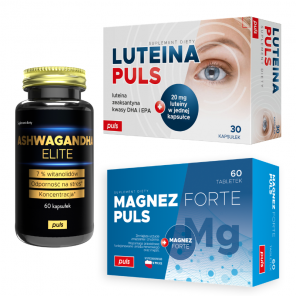 Zestaw Home Office PULS Luteina Puls 30 kapsułek + Magnez Forte Puls 60 tabletek + Ashwagandha Elite Puls 60 kapsułek - zdjęcie produktu