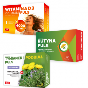 Zestaw Wsparcie Odporności PULS Witamina D3 Premium 4000 Puls 60 kapsułek + Rutyna Puls 150 tabletek + Tymianek i Podbiał Pul - zdjęcie produktu