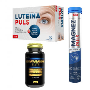 Zestaw Wsparcie Pracy Mózgu PULS Ashwagandha Elite Puls 60 kapsułek + Magnez B6 Puls 20 tabletek musujących + Luteina Puls 30 - zdjęcie produktu
