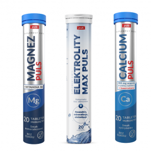 Zestaw dla Aktywnych Elelktrolity Max Puls 20 tabletek musujących + Magnez B6 Puls 20 tabletek musujących + Calcium Puls 20 ta - zdjęcie produktu