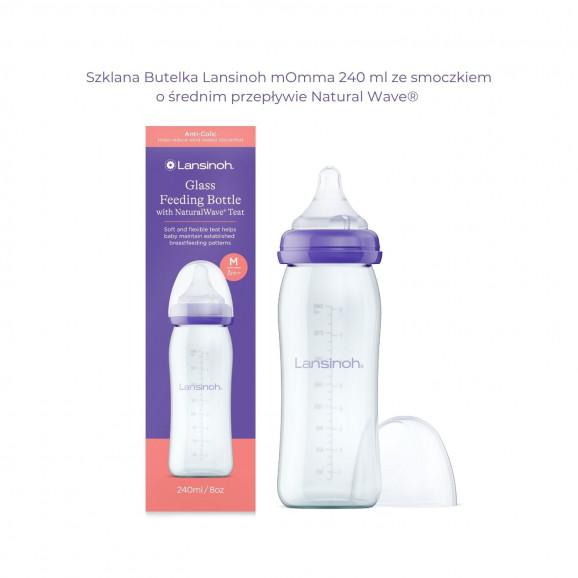 Lansinoh Butelka szklana ze smoczkiem Natural Wave (średni przepływ, M) 240 ml Lansinoh Butelka szklana ze smoczkiem Natural Wave (średni przepływ, M) 240 ml - zdjęcie produktu