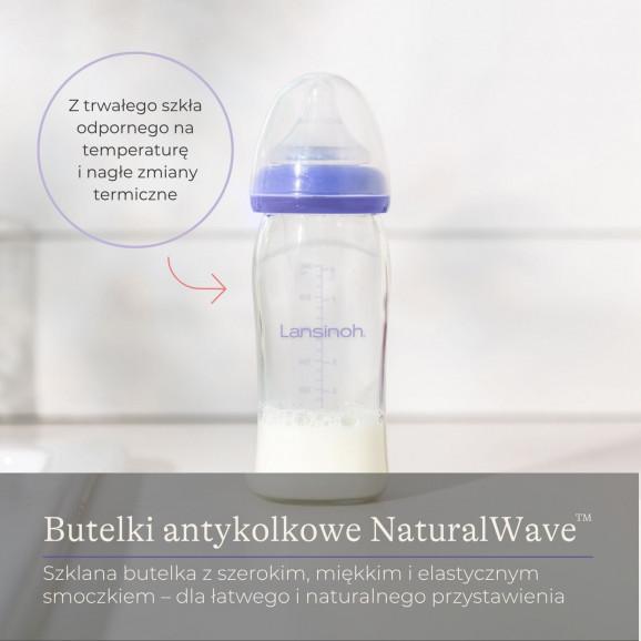 Lansinoh Butelka szklana ze smoczkiem Natural Wave (średni przepływ, M) 240 ml Lansinoh Butelka szklana ze smoczkiem Natural Wave (średni przepływ, M) 240 ml - zdjęcie produktu