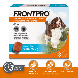 [30.06.2026] FRONTPRO 68 mg – tabletki do rozgryzania i żucia na pchły i kleszcze dla psów 10–25 kg (3 tabletki) - zdjęcie produktu