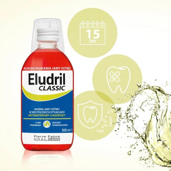 Eludril Classic, płyn do jamy ustnej koncentrat do rozcieńczania, 500 ml Eludril Classic, płyn do jamy ustnej koncentrat do rozcieńczania, 500 ml - zdjęcie produktu