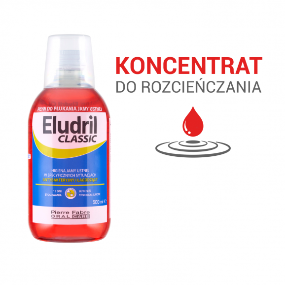 Eludril Classic, płyn do jamy ustnej koncentrat do rozcieńczania, 500 ml Eludril Classic, płyn do jamy ustnej koncentrat do rozcieńczania, 500 ml - zdjęcie produktu