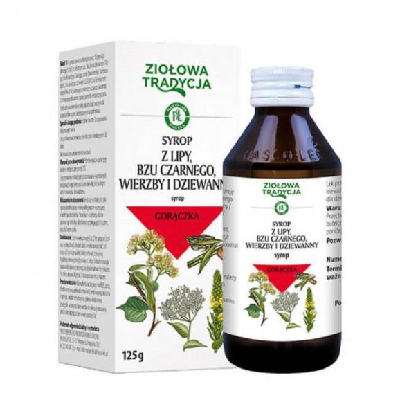 Ziołowa Tradycja Syrop z lipy, bzu czarnego, wierzby i dziewanny – lek bez recepty (125 g) Ziołowa Tradycja Syrop z lipy, bzu czarnego, wierzby i dziewanny – lek bez recepty (125 g) - zdjęcie produktu