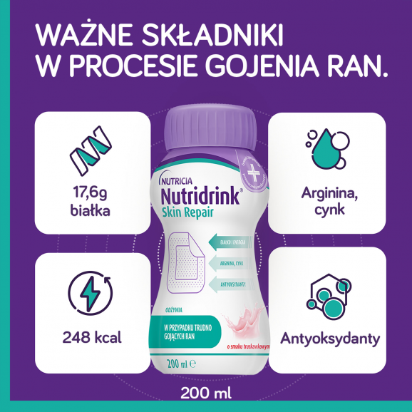 Nutridrink Skin Repair o smaku truskawkowym żywność specjalnego przeznaczenia medycznego (4 x 200 ml) Nutridrink Skin Repair o smaku truskawkowym żywność specjalnego przeznaczenia medycznego (4 x 200 ml) - zdjęcie produktu